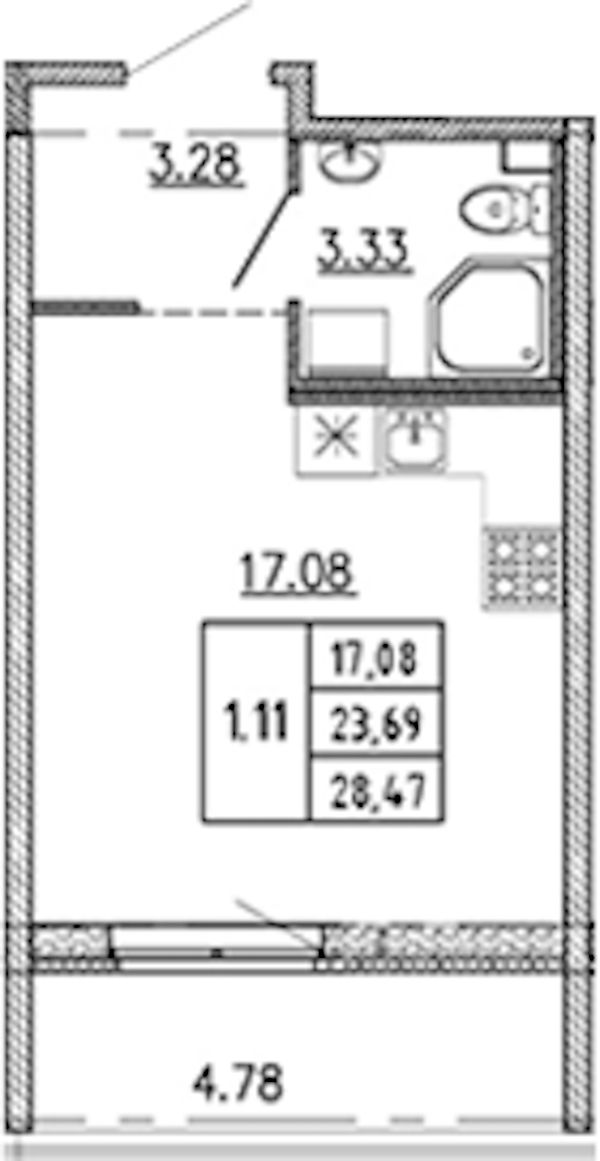 Квартира студия 23.69 м², 2/22 эт., ЖК «Новые горизонты 2»